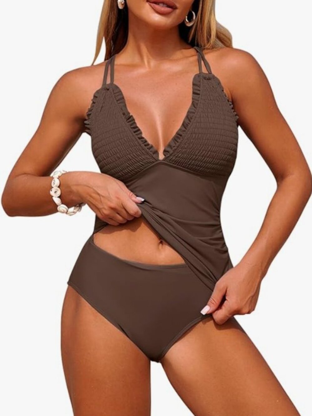 ZAFUL Tankini - Smocked 2 Piece Bathing Suits Tie Back Swimsuit Brown XL